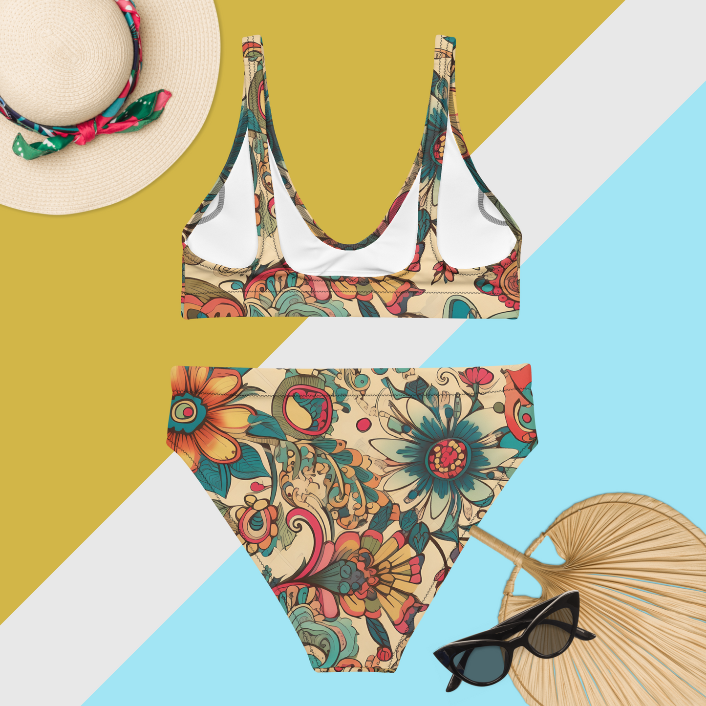 Tan Vintage Floral Recycled High-Waisted Bikini