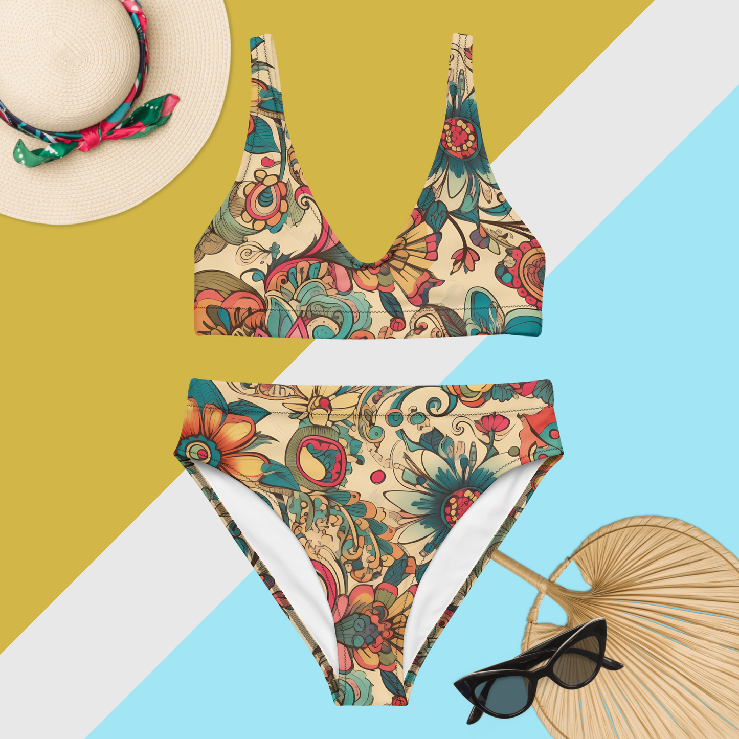 Tan Vintage Floral Recycled High-Waisted Bikini